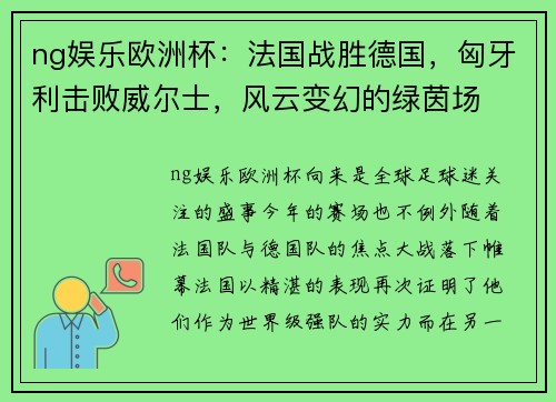 ng娱乐欧洲杯：法国战胜德国，匈牙利击败威尔士，风云变幻的绿茵场